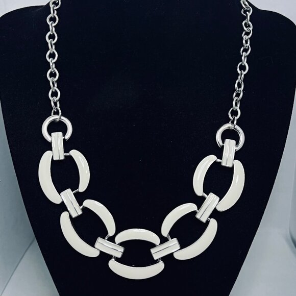 Silver Tone With White Enamel Bib Necklace (5470) - Picture 2 of 6